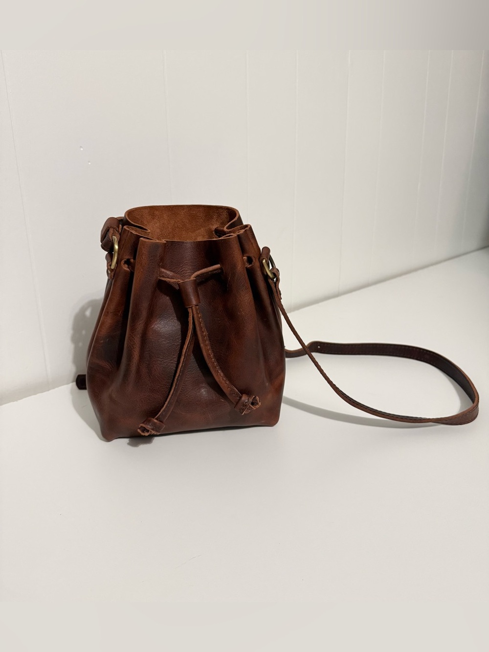 Brown Leather Drawstring Crossbody Bucket Bag